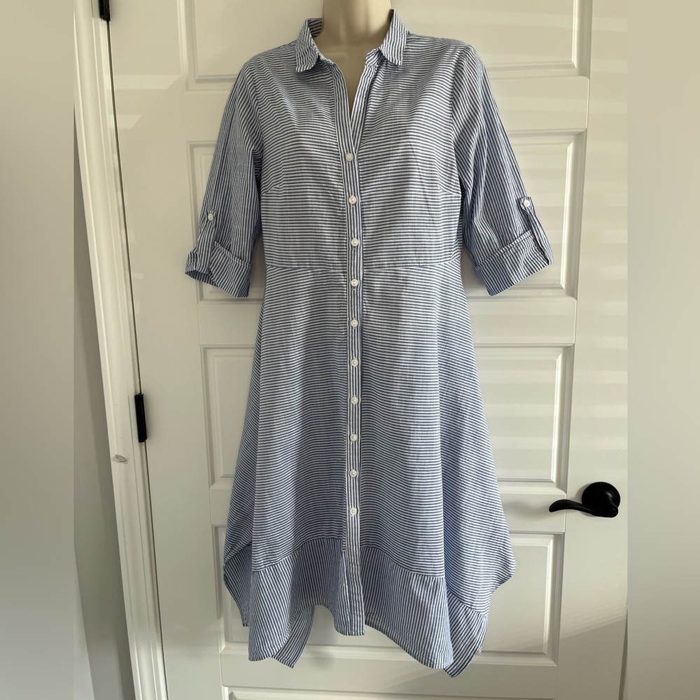 Parallel Skies White Blue Pinstripe Cotton Button Down Asymmetrical Dress Size S